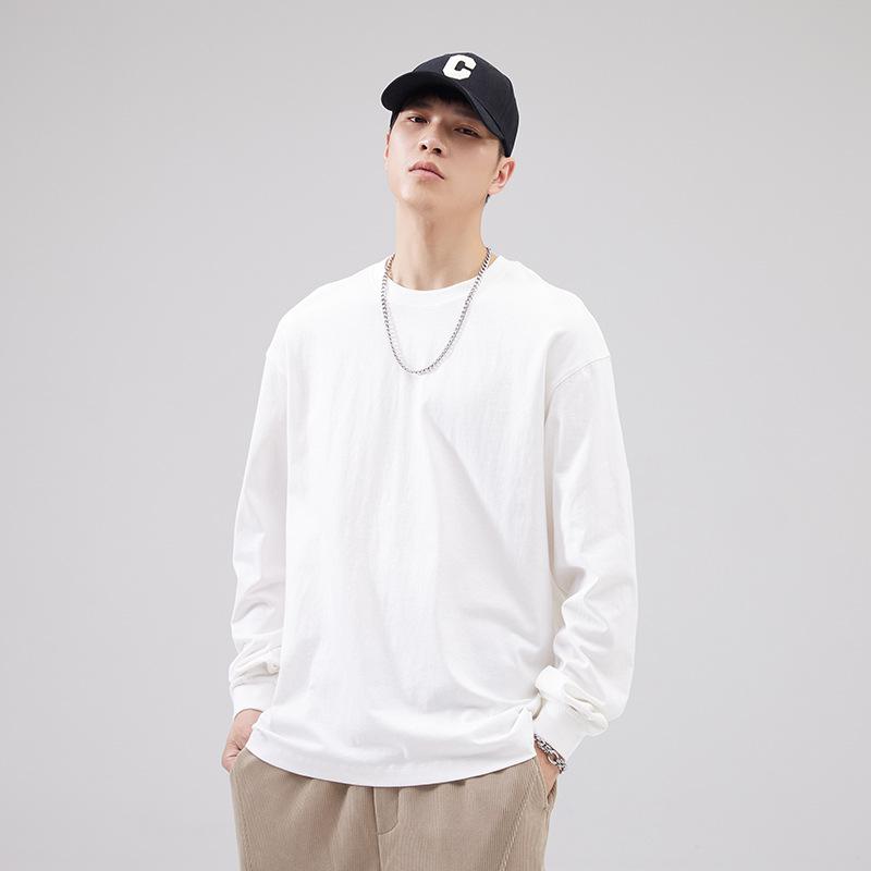 Tシャツ メンズ 男性用 長袖 コットン100% ラウンドネック 無地 ルーズフィット インナー トップス カットソー 春秋 白色 黒色 杢グレー カーキ 落肩袖 吸湿性