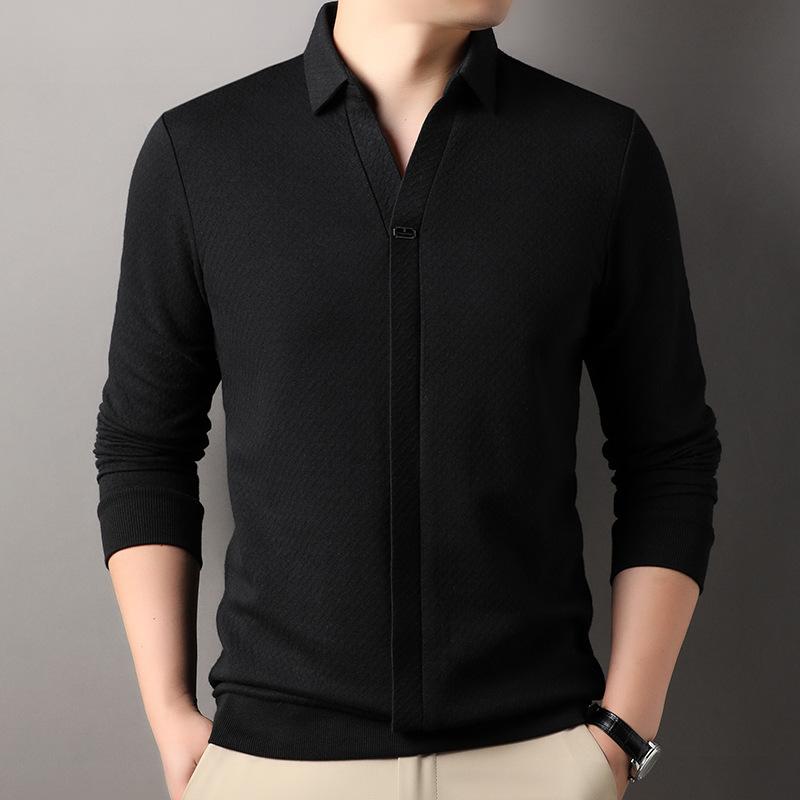 Tシャツ 男性用 トップス 長袖 カットソー ポリエステル混紡 無地 薄手 襟付き スタイリッシュ 普段使い 春秋 灰色 ブラウン イエロー ブラック