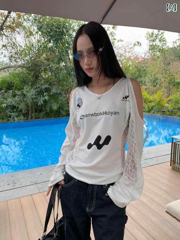 Tシャツ レディース 春 Vネック レース 切り替え 長袖 トップス ポリエステル プリント 街頭風 露肩 白色 カットソー チュニック