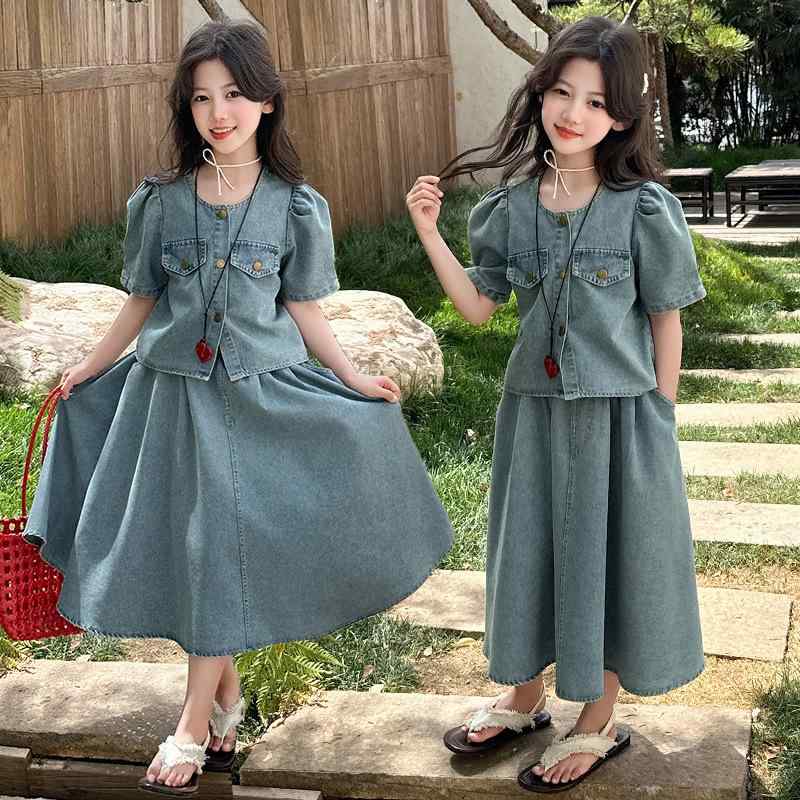子供服 セットアップ 夏物 女の子 デニム 半袖 ツーピース スカート 韓国風 薄手 かわいい おしゃれ ガールズ キッズ 130 140 150 160 170