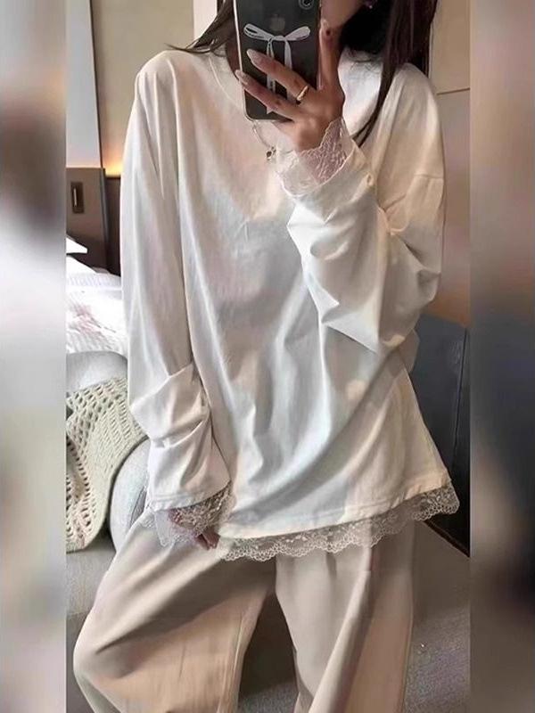 Tシャツ レディース 白色 レース 切り替え 丸首 長袖 トップス 春物 コットン 普段使い 通勤着 体型カバー ゆったり かわいい