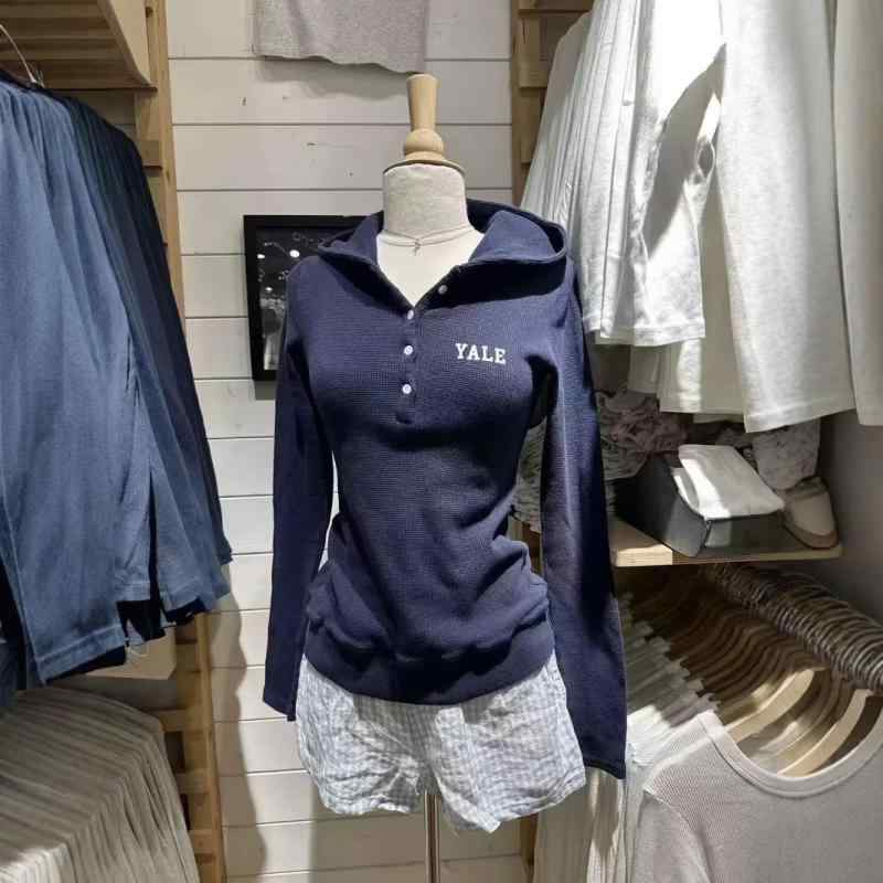 Tシャツ レディース 藏青色 ワッフル 長袖 パーカー トップス YALE ロゴプリント カジュアル 普段使い 清新 かわいい 綿