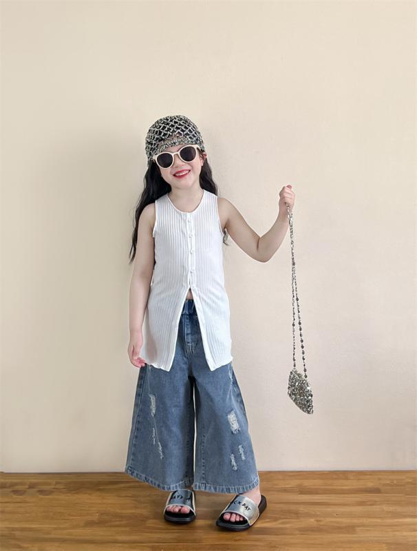 子供服 女の子 ノースリーブ トップス ベスト 春夏 ミドル丈 コットン ニットソー 韓国風 かわいい ガールズ 普段着