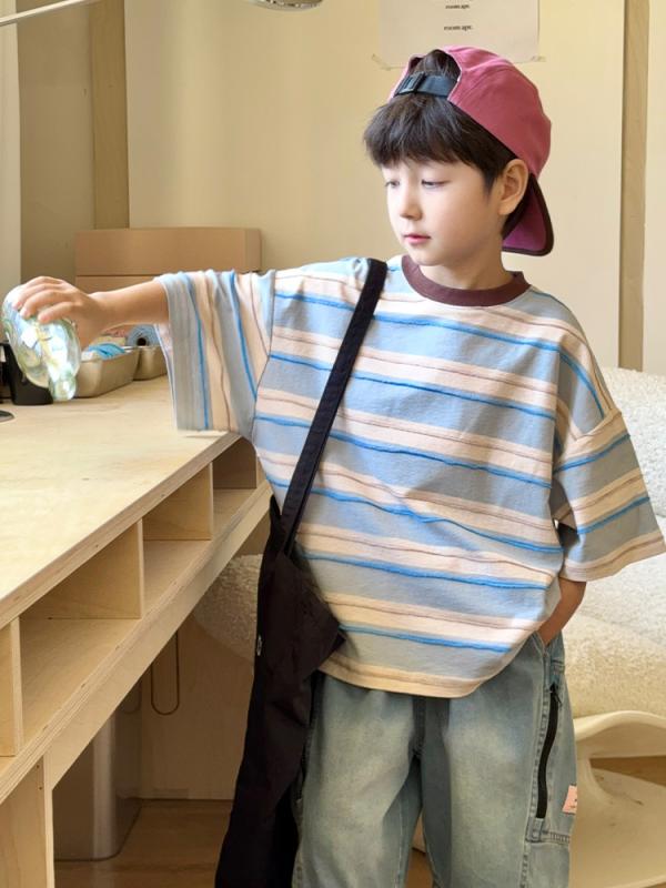 キッズ ボーイズ Tシャツ ショートパンツ セットアップ 夏服 ストライプ コットン 半袖 短パン 2点セット 普段着 部屋着 スポーツ アウトドア ピンク系 ブルー系