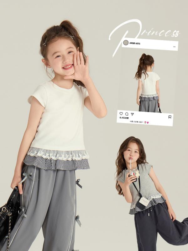Tシャツ 女の子 子供服 半袖 レース 切り替え チェック柄 かわいい トップス 普段使い 部屋着 通学着