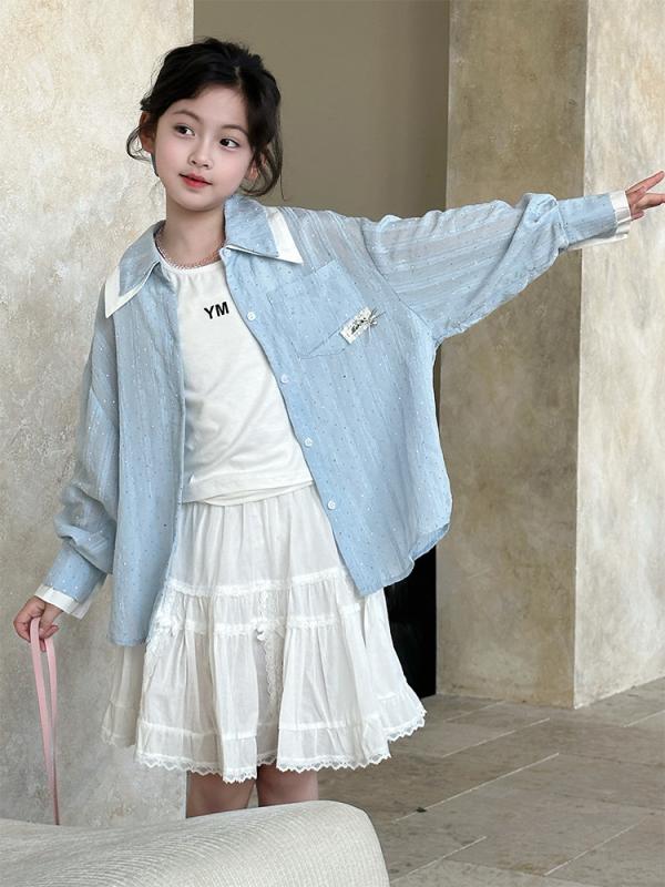 子供服 女の子 シャツ ベスト セットアップ ブラウス トップス 2点セット かわいい プリンセススタイル 薄手 通学着 普段着 ブルー系