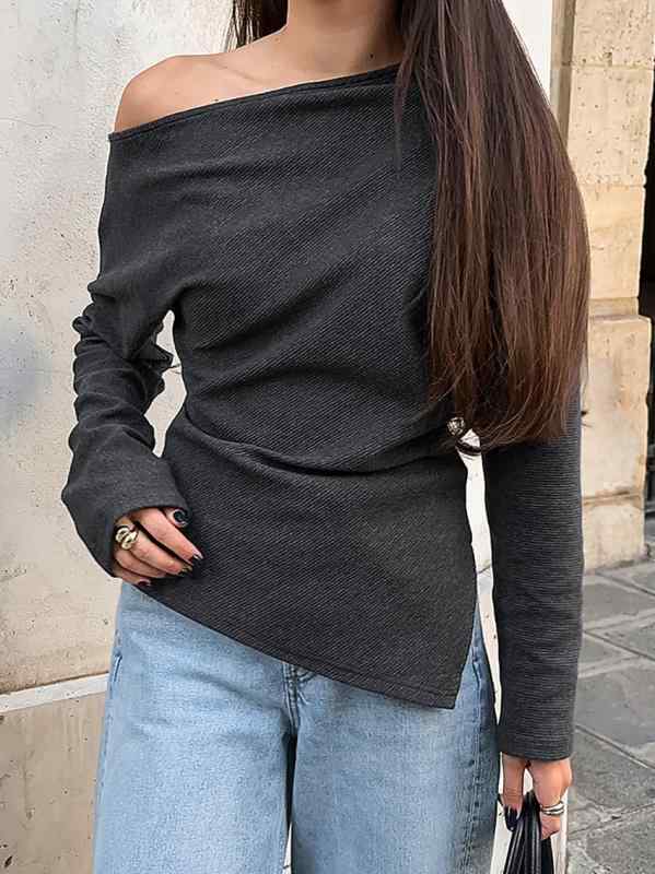 Tシャツ レディース 春夏 長袖 不規則な襟 ポリエステル 無地 トップス 通勤 普段使い セクシー 接触冷感 ブラック