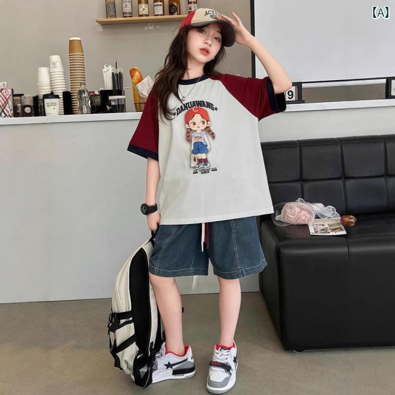 キッズ 女の子 半袖 Tシャツ デニム ショートパンツ 上下セット 2点セット 薄手 夏 中学生 小学生 普段着 部屋着 スポーツ 運動着