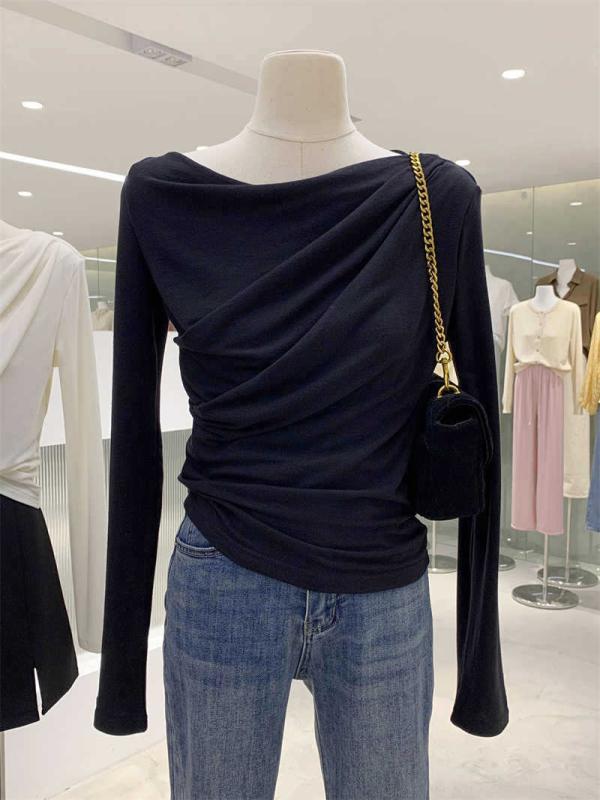 Tシャツ レディース 一字襟 長袖 トップス カットソー 春秋 コットン ポリエステル ゆったり スリム 無地 ブラック 黒 ホワイト 白 グレー カジュアル 通勤 普段使い