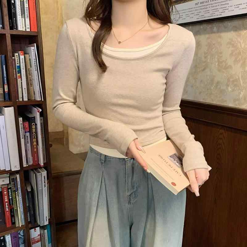 Tシャツ レディース 長袖 配色 切り替え スリムフィット トップス 花灰色 ピンク系 春物 重ね着風 インナー 普段使い