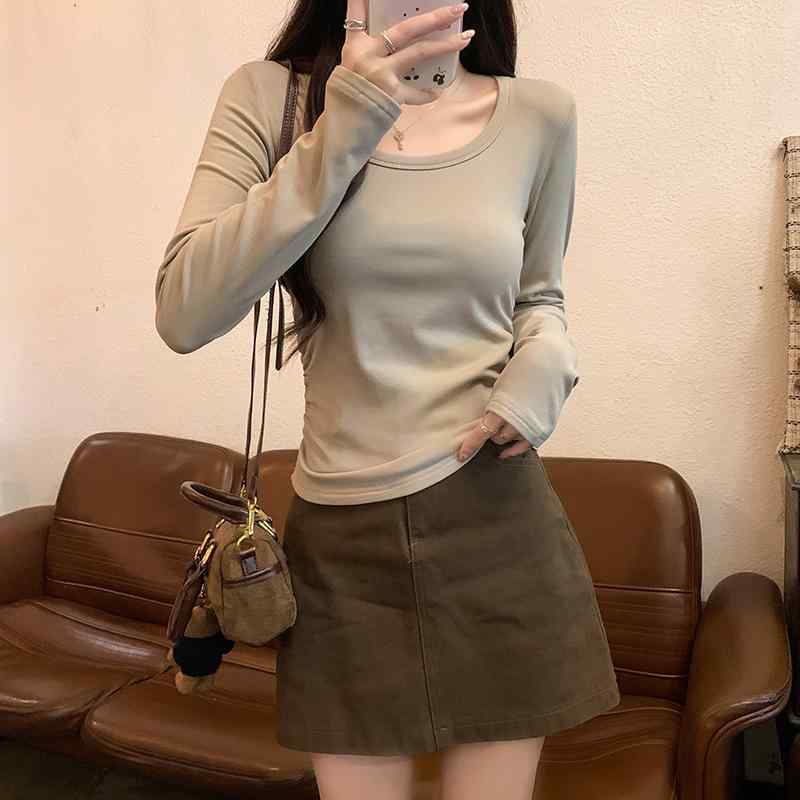 Tシャツ レディース 長袖 春秋 薄手 ラウンドネック 無地 トップス 大きいサイズ スリムフィット カットソー ブラック グレー系