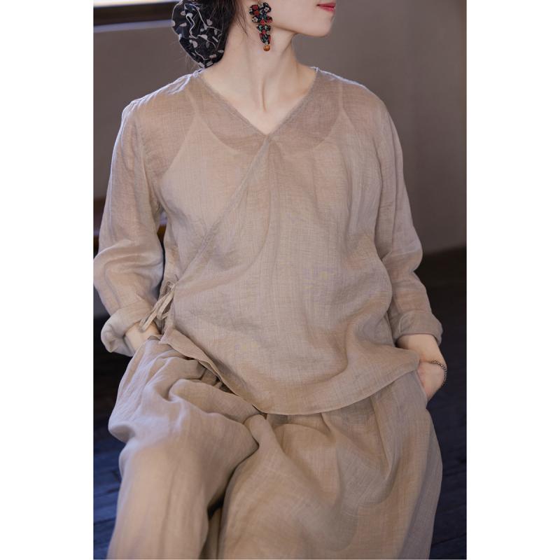 シャツ レディース ?麻 Vネック 長袖 トップス 薄手 禅意 スタイル 烟麻色 M L XL 通勤 ゆったり