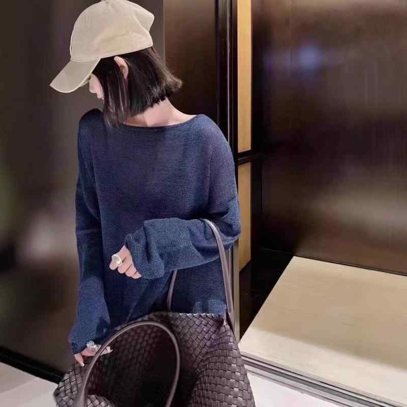 編み物 レディース 和紙 一字襟 カットアウト 長袖 ティーシャツ 人付き合い冷感 人付き合い涼感 青碧系 ゆったり 伸縮性 トップス