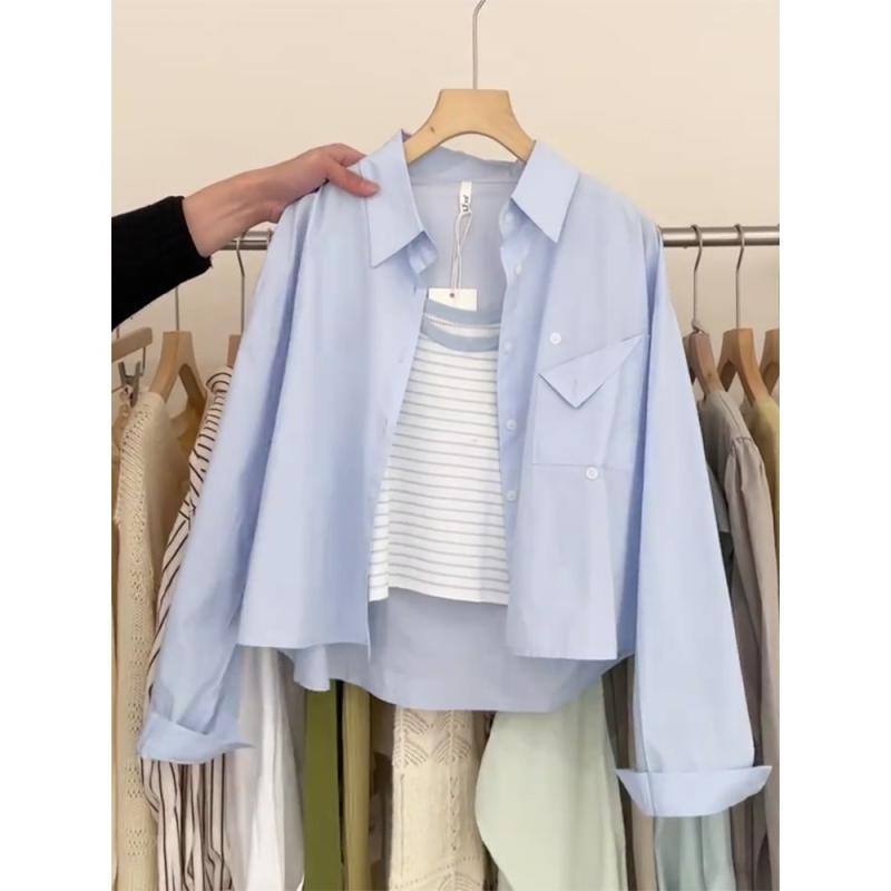 長袖シャツ 女性用 春夏 ブルー 短め丈 デザイン性 防晒 開きカーディガン レイヤード トップス ポリエステル混紡 軽量 快適 伸縮性 ポロカラ プリンセススリーブ ゆったりシルエット 私服 セレブ風 御姐スタイル カジュアルレジャー