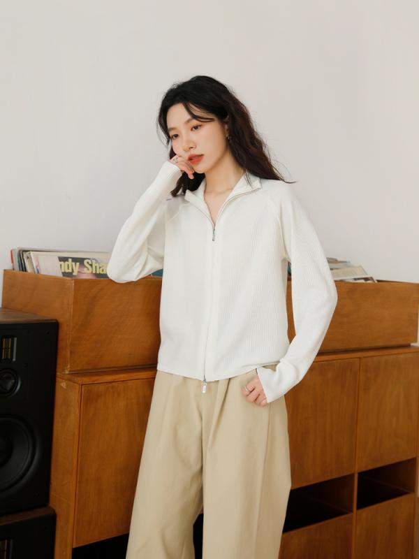 編み物 ジレー レディース 春夏 長袖 立襟 ジップアップ 羊毛混紡 トップス 韓国風 心地好い 象牙色 サクラ色 黒いこと