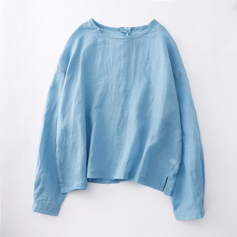 シャツ レディース 春夏 綿麻 長袖 ブラウス 2way 前後着用可能 トップス ブルー M L XL 2XL 文芸風 レトロ 快適 普段使い
