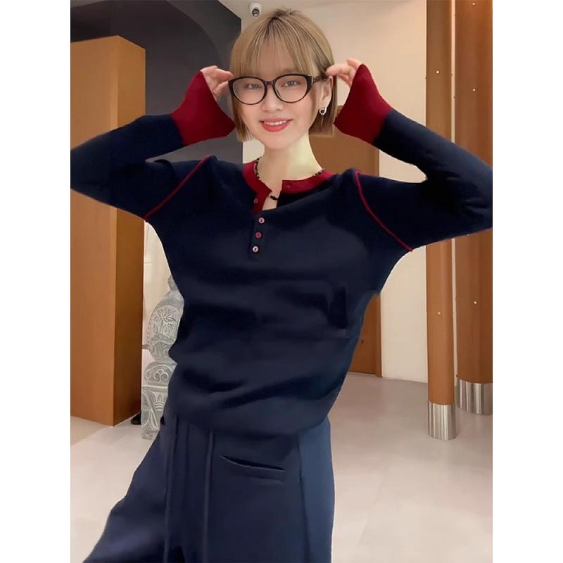 Tシャツ レディース 長袖 切り替え 配色 おしゃれ 着痩せ ポリエステル クルーネック トップス 私服名媛風 深灰色 藏青色 修身 普段使い