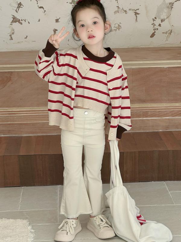 キッズ 女の子 ニット カーディガン ストライプ トップス ベスト 2点 セット 春秋 かわいい 子供服 おしゃれ 普段着 通園 通学
