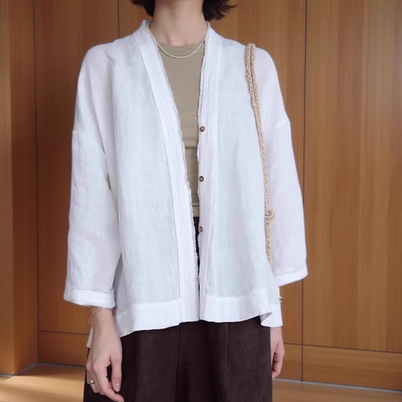 シャツ レディース 麻 リネン カーディガン 薄手 春夏 Vネック 七分袖 ゆったり 文芸風 レトロ 羽織り ホワイト