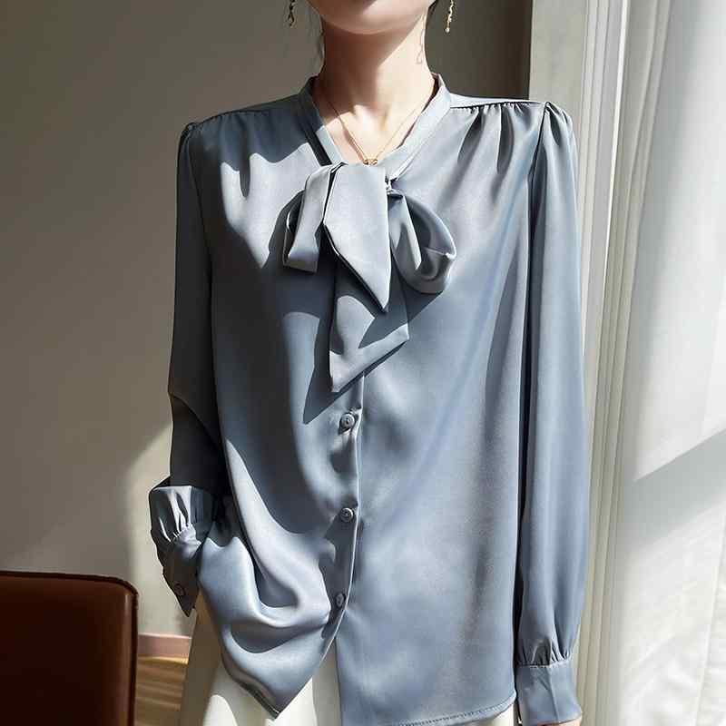 開襟シャツ 女性用 春夏 長袖 無領 シルクサテン ポリエステル 純色 幅広リボン 切り替え ゆったりシルエット 通勤 気質 軽量 吸湿速乾 ブラウス トップス 白色 ピンク シャンパン 紫 ライトブルー