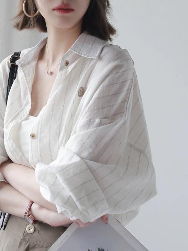 シャツ レディース 春夏 ストライプ リネン 長袖 薄手 襟付き 麻混 紫外線対策 日焼け防止 ゆったり ミディアム丈 トップス カジュアル