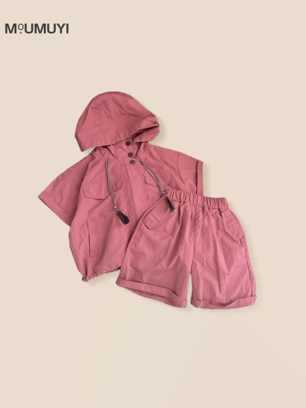 キッズ セットアップ 薄手 半袖 ジャケット ハーフパンツ 上下セット 男の子 子供服 普段着 部屋着 アウトドア 伸縮性 吸湿速乾 接触冷感 ポリエステル ピンク系