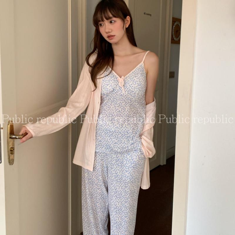 パジャマ レディース 烏兎 韓国風 可愛らしい 花柄 ジレー キャミソール 提花 編み物 綿織物 3点仕掛ける 御部屋御召しもの 御部屋着 伸び伸びする ラウンド素っ首 長袖 長ズボン 伸縮性 通気性