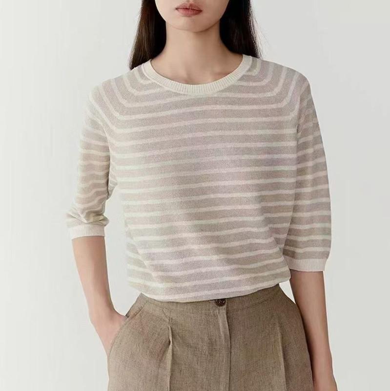 Tシャツ レディース 春夏 シルク 麻混 ストライプ 配色 ラウンドネック 七分袖 ニット 薄手 ゆったり 通勤 きれいめ グレー ベージュ系