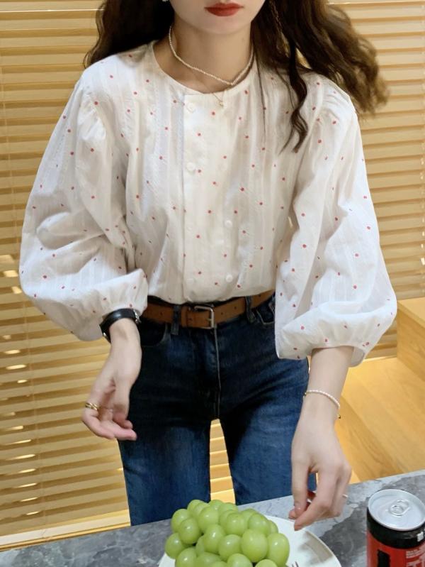 シャツ レディース 春夏 小花柄 ブラウス ガーリー トップス 紫外線対策 日焼け防止 長袖 ポリエステル かわいい 韓国風 ファッション ゆったり ラウンドネック 白