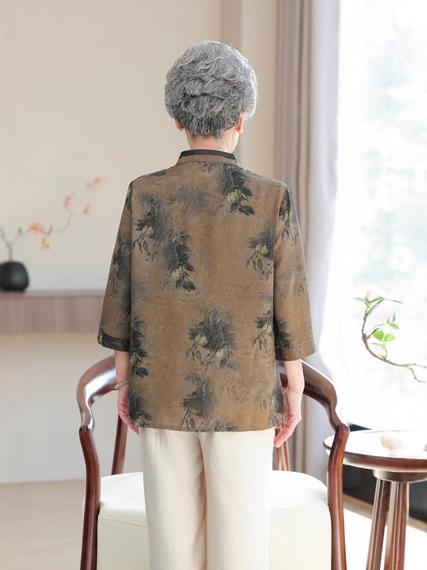 シャツ レディース シニア向け 春夏 チャイナスタイル トップス 7分袖 接触冷感 婦人服 ゆったり 立襟 和風 上着 エレガント おしゃれ カットソー お母さん おばあちゃん プレゼント パープル グリーン系