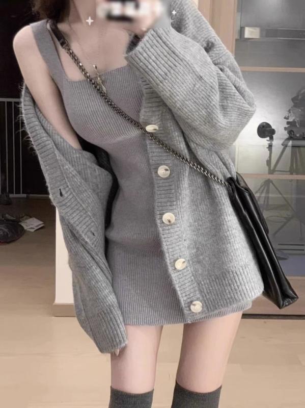 ワンピース レディース 秋冬 ニット キャミソールワンピース カーディガン 2点セット 女性用 上品 きれいめ 大人 かわいい オフィスカジュアル デート