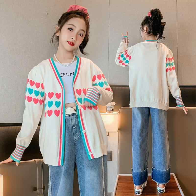 子供服 ニット カーディガン 女の子 春秋 ニットセーター アウター 中 ???いサイズ 撞色?心デザイン ?袖 普段使い 通学