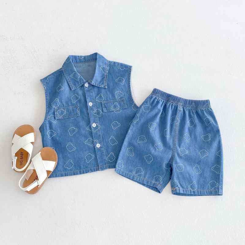 子供服 上下セット 夏物 ベビー服 男の子 女の子 デニム ベスト ショートパンツ 2点セット コットン かわいい 薄手 保育園 幼稚園