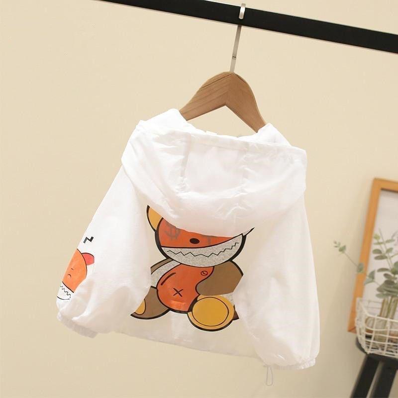 キッズ 防晒服 子供用 男女中童 夏 接触冷感 上衣 連帽 カーディガン 長袖 薄手 軽量 綿混 聚? 柔軟 素材 スポーツ スタイル ・柑通 プリント グリーン ベア デザイン オレンジ ベア パターン ミドルレングス 拉? クロージャー 通気性 速乾