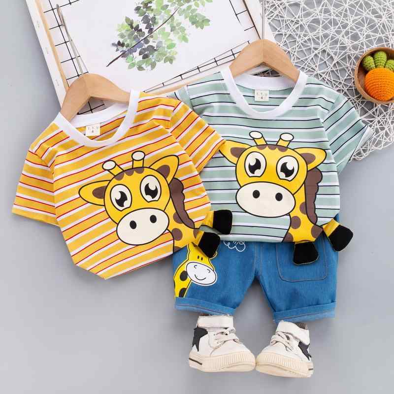 ベビー服 上下セット Tシャツ 短パン 半袖 薄手 綿100% 動物柄 かわいい 男の子 女の子 幼児 子供 普段着 部屋着 イエロー 黄色 グリーン 緑 80 90 100 110 120 春夏