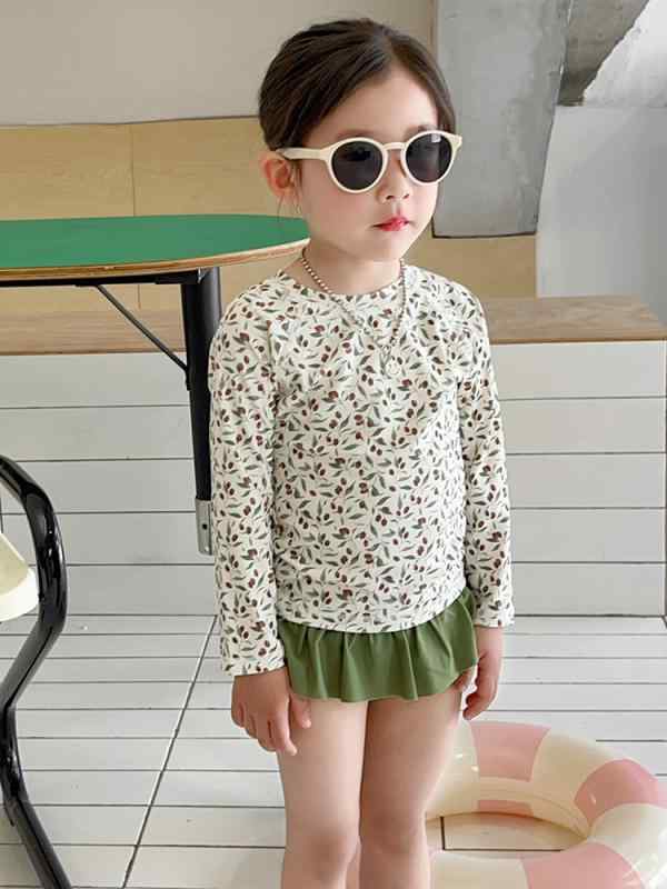 水着 キッズ 女児 長袖 セパレート 日焼け止め スイムウェア 子供 女の子 かわいい リゾート ビーチ 海水浴 プール 90 100 110 120 130 140 焦糖色 緑色