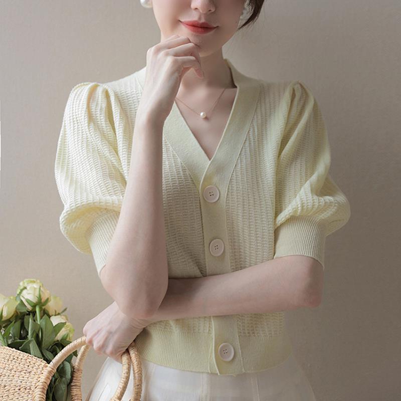 ニット レディース 春夏 Vネック カーディガン 青?黄 羊毛 トップス 半袖 ショート丈 薄手 きれいめ かわいい ガーリー フェミニン デート お出かけ