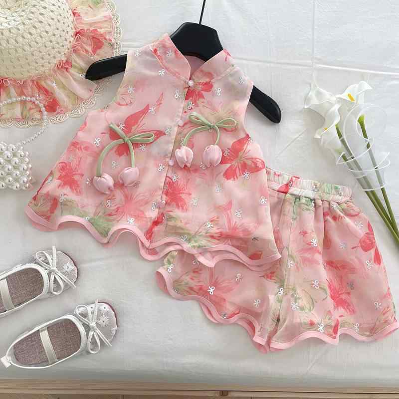 子供服 女の子 夏物 セットアップ ノースリーブ ショートパンツ 帽子付き 3点セット スウィート プリンセススタイル ポリエステル 薄手 90cm 100cm 110cm 120cm 130cm 140cm 150cm