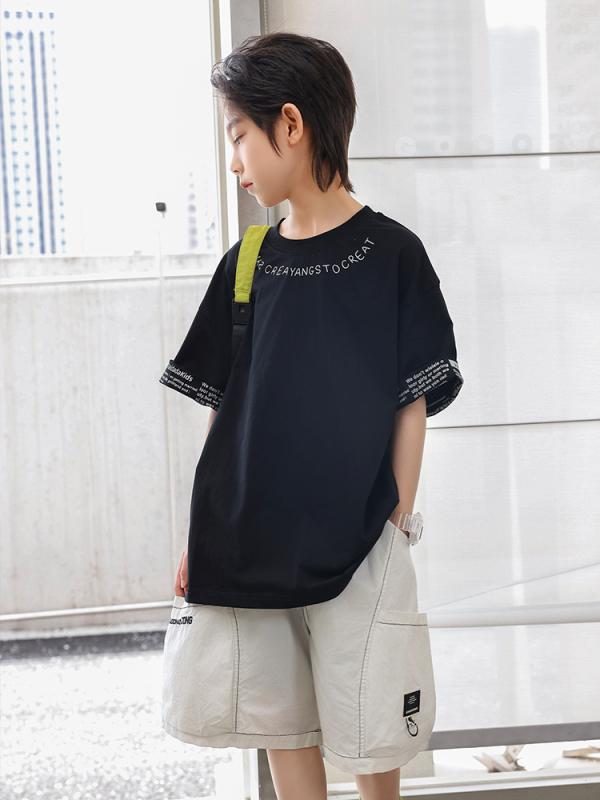 Tシャツ 男児 子供服 半袖 トップス アルファベット柄 綿100% 吸湿速乾 接触冷感 普段使い ブラック 蛍光グリーン 120 130 140 150 160 170 春夏