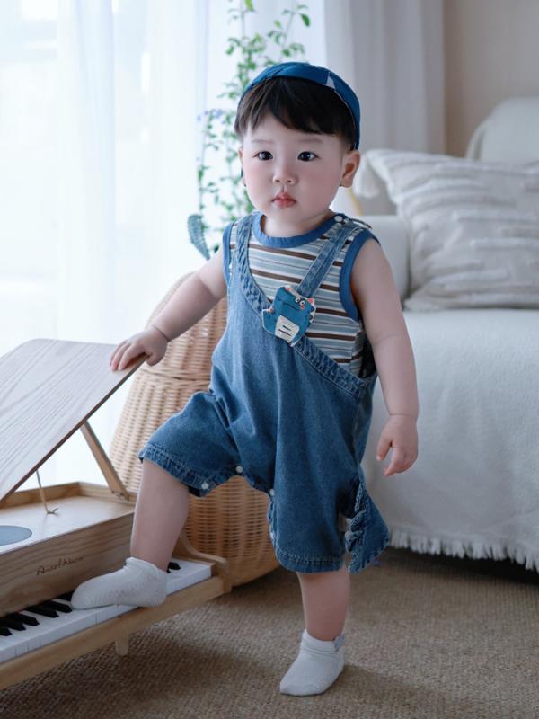 子供服 夏物 上下セット 半袖 Tシャツ デニム オーバーオール 2点セット 幼児 ベビー 男の子 ボーイズ 柔らかい 綿94.6% カートーン柄 73CM 80cm 90cm 100cm
