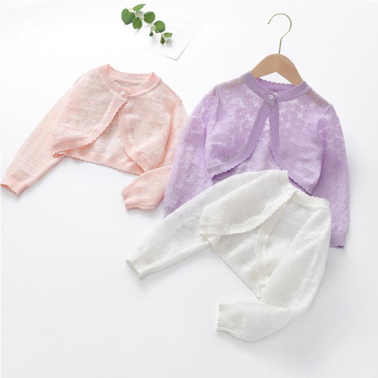 女児 薄手ニット 防晒 外套 ショール 空調服 綿素材 透気性 軽量 切り替えデザイン 夏用 かわいい 女の子 トップス 白 淡紫 淡ピンク 3～8歳 100～140cm