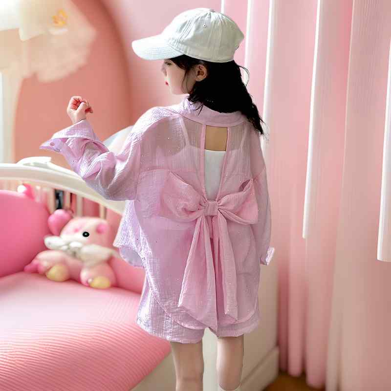 キッズ 女の子 セットアップ 春夏 子供服 3点セット:トップス スカート アウター 接触冷感 紫外線対策 普段使い お出かけ着 ピンク系 ベージュ