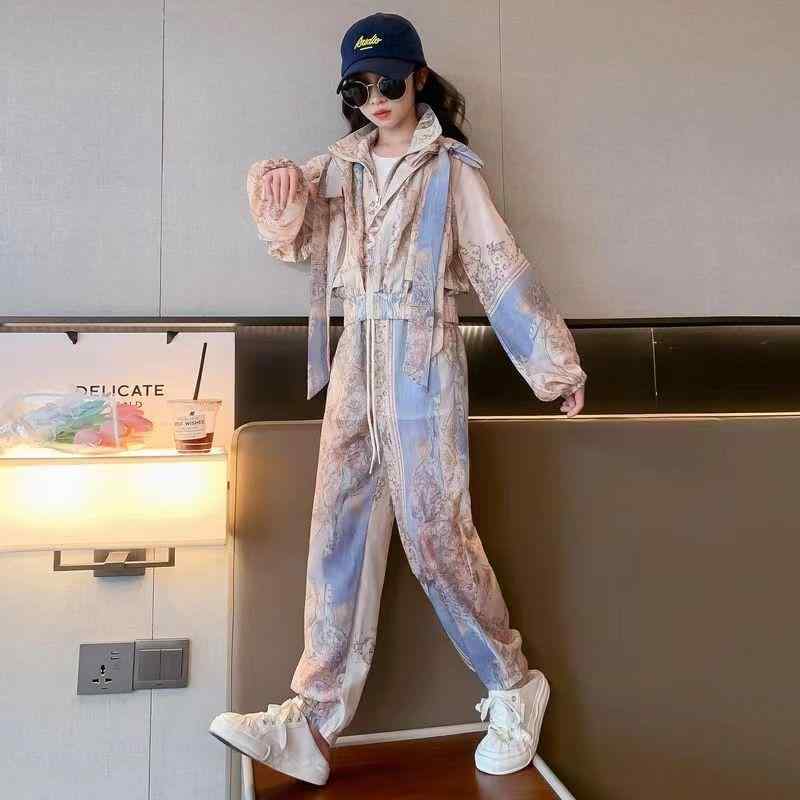 キッズ ガールズ 薄手 長袖 セットアップ 子供服 女の子 夏 2点 上下セット 接触冷感 通気性 普段着 レジャー アウトドア