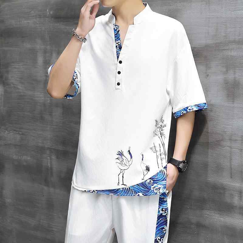 Tシャツ 男性用 半袖 接触冷感 中国風 上下 セットアップ 普段使い 部屋着 ポリエステル 夏 春夏 白色 黒色 灰色