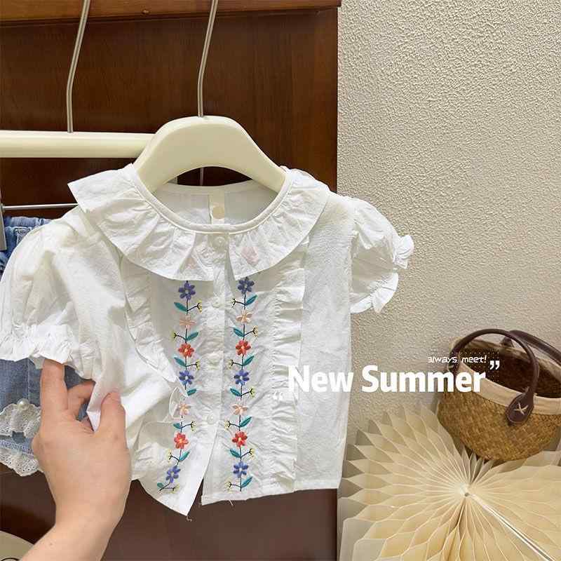 シャツ キッズ 半袖 夏物 子供服 かわいい おしゃれ 刺・墸 花柄 ドール襟 白 コットン 80cm