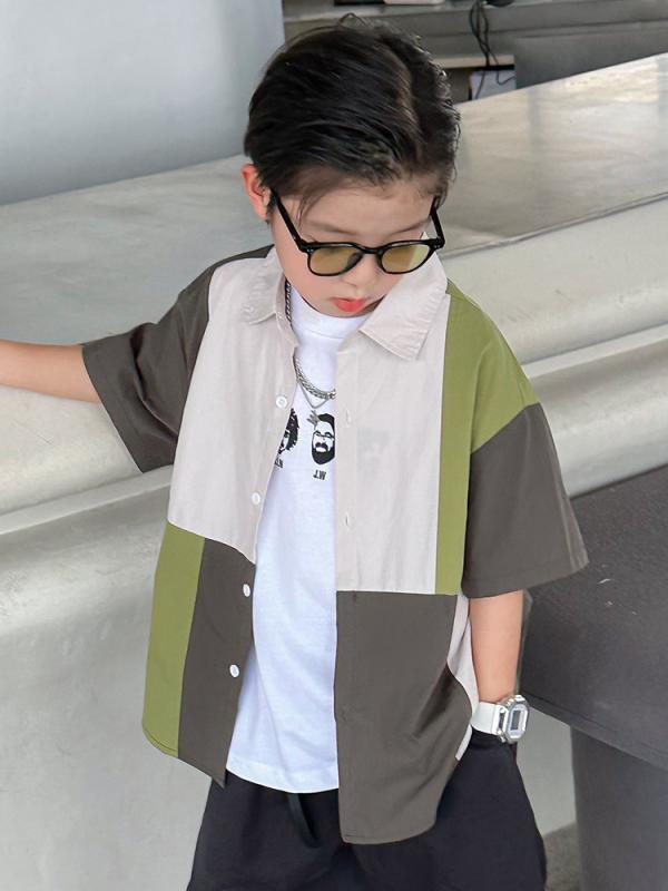 子供服 男の子 半袖シャツ 薄手 夏 トップス キッズ シャツ アウター 配色 切り替え 普段着 おしゃれ 8歳以上 コットン混紡