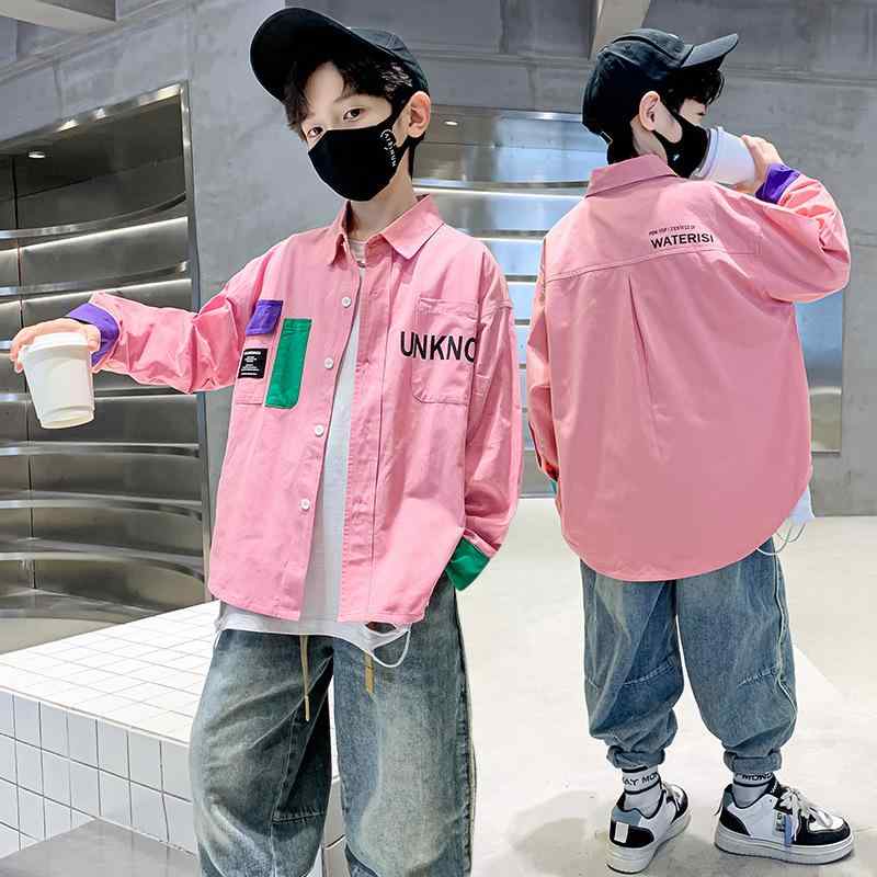 子供服 シャツ 男の子 長袖 コットン 切り替え プリント柄 春秋 中学生 高校生 カジュアル トップス ホワイト ピンク系