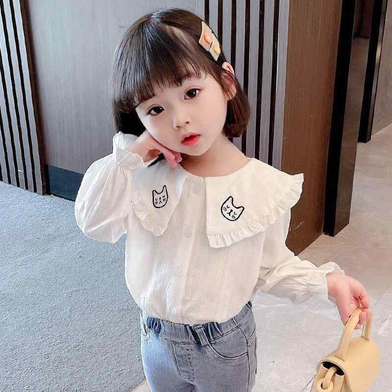 シャツ キッズ 長袖 かわいい 春秋 薄手 コットン 子供服 トップス 女の子 白 ホワイト 花柄 猫柄 普段着
