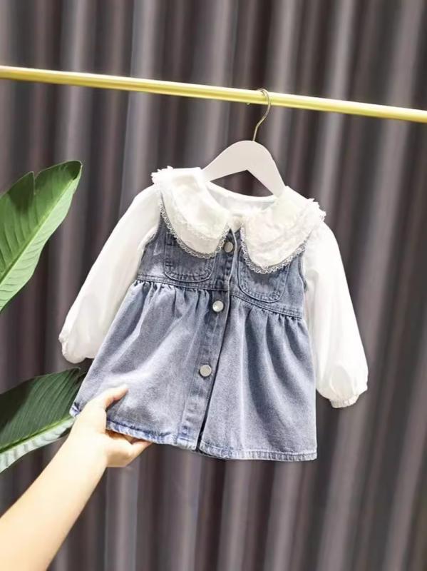 ワンピース キッズ 女の子 春秋 レース襟付きシャツ デニムワンピース セットアップ 子供服 かわいい おしゃれ 普段着