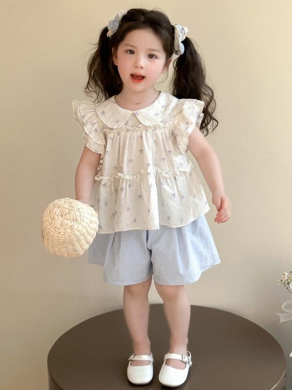 キッズ 女の子 夏物 上下セット 半袖 ブラウス ショートパンツ 薄手 かわいい おしゃれ 子供服 2点セット 普段着 部屋着 花柄 杏色